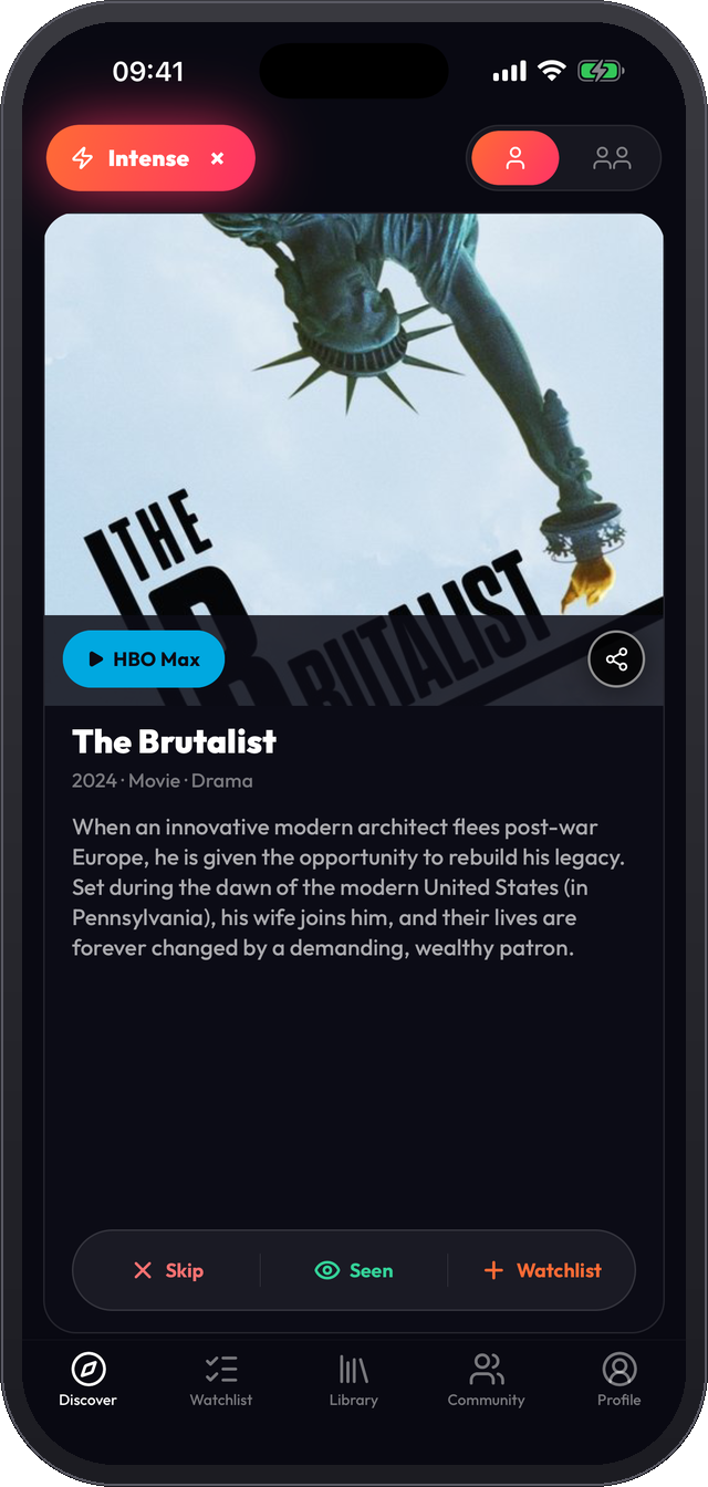 Discover screen: swipe or tap Skip, Seen, Watchlist