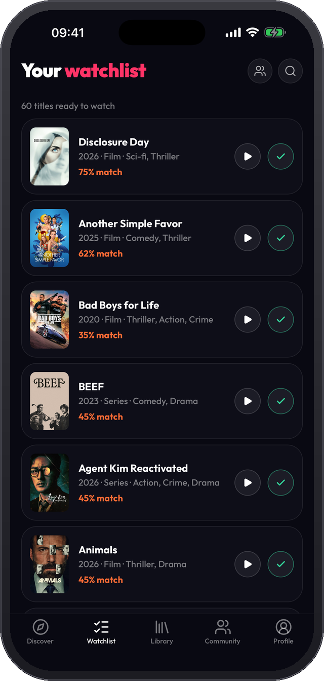 Watchlist with a play button per title
